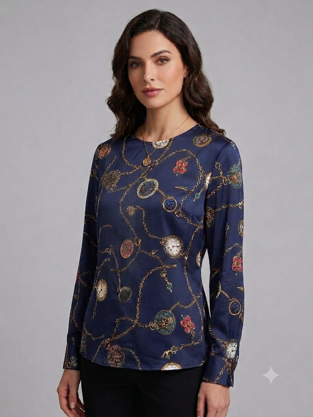 VTG Talbots Silk Long Sleeve Top Women’s 10P  Multicolor Chain Clock Print